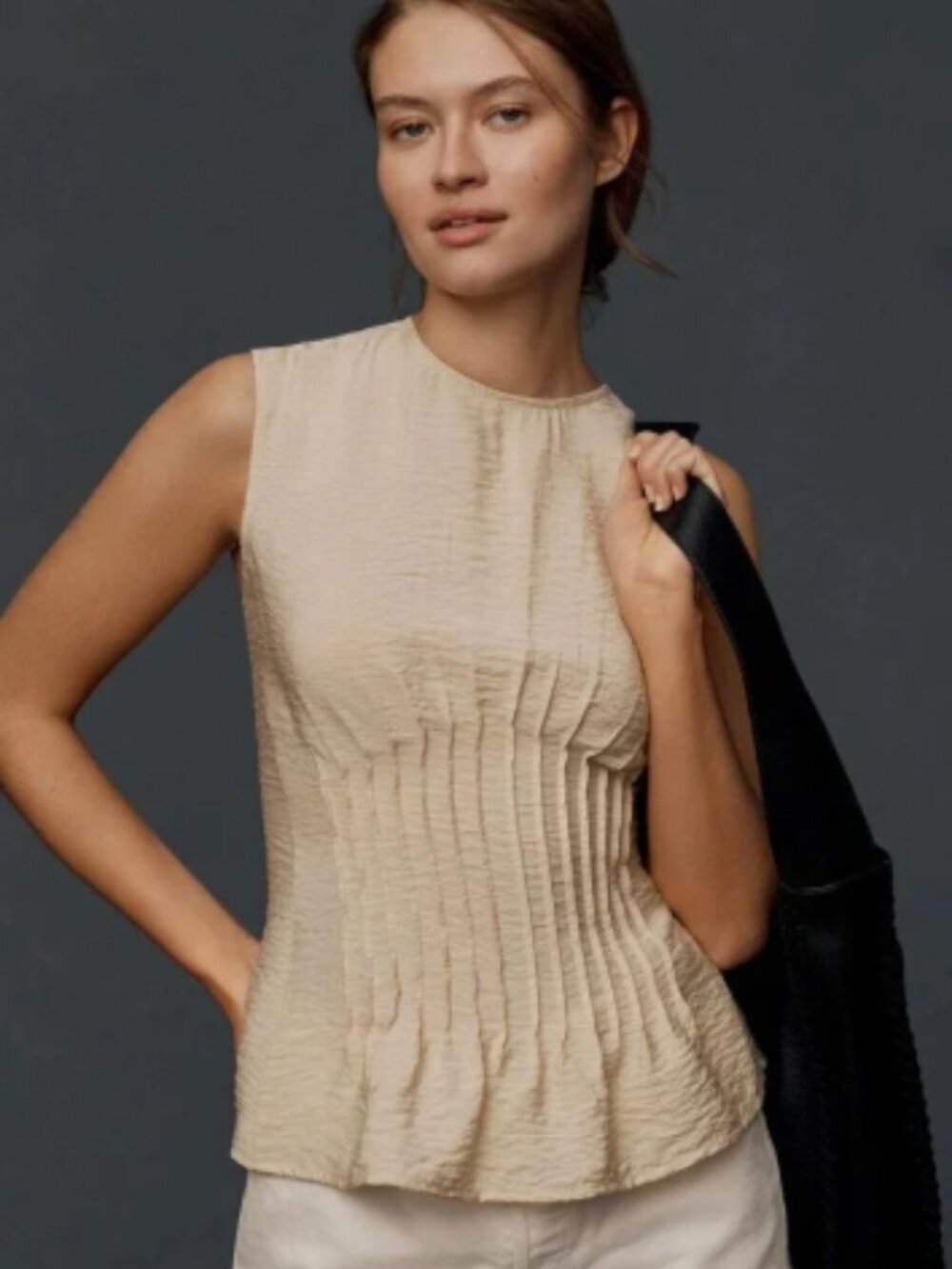 Anthropologie:  Della Pleated Waist Shell Top, Medium, Creamy Beige